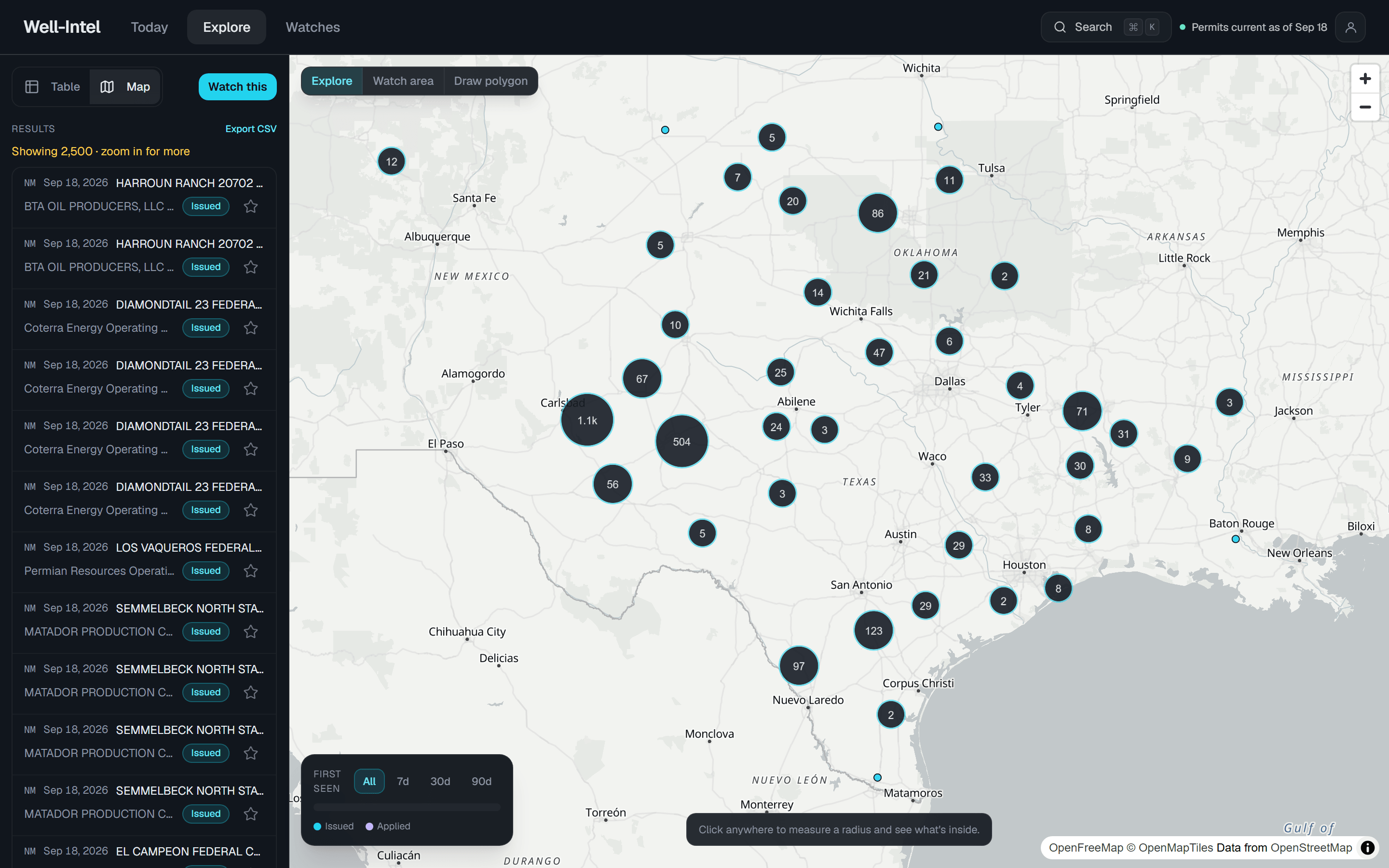 The Explore map: permits plotted in clusters across all four states.